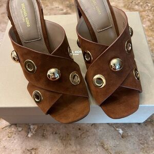 Michael Kors Collection Brianna Brown Suede Crisscross Sandals Heels